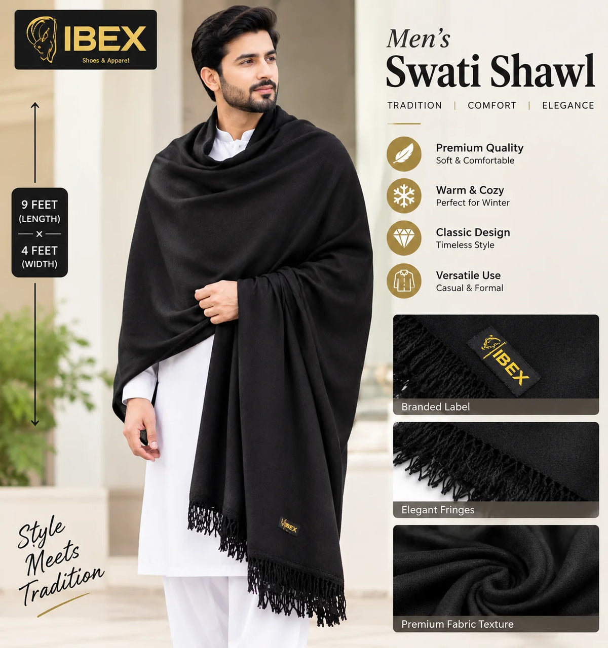 Swati Plain Jet  Black Handmade Wool Shawl