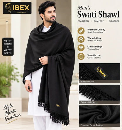 Swati Plain Jet  Black Handmade Wool Shawl