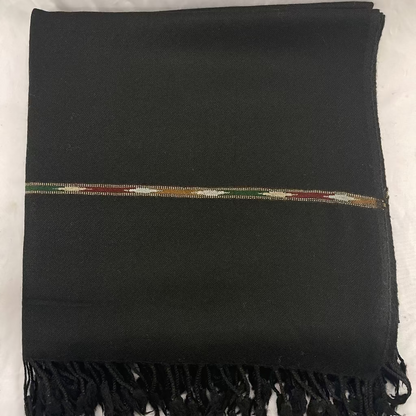 Black scarf with a colorful patterned border on a white background