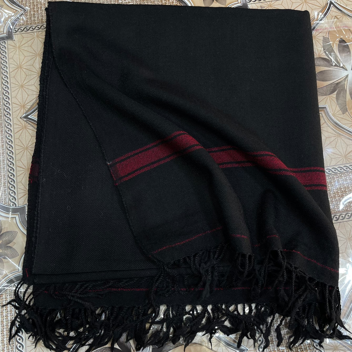 Shah-tosh Swati Shawls — Premium-Soft Elegance- Black Color With Red Strip