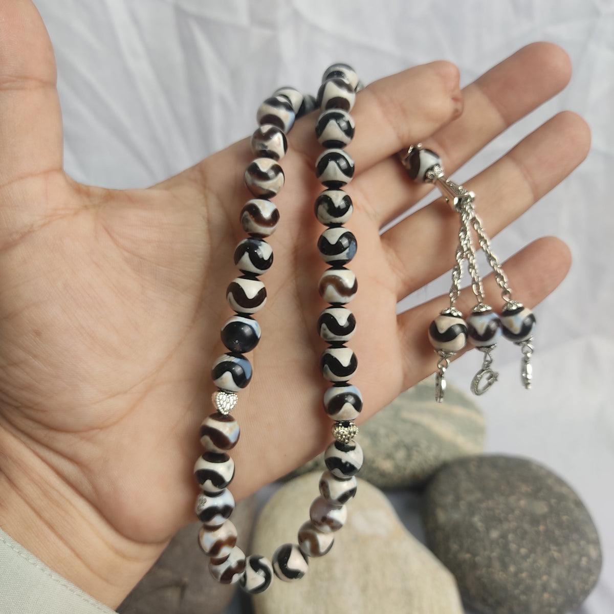 Vintage Afghanistan Black and  Greenish  Circled Aqeeq Stone Premium Tasbeeh  10mm/33 Beads