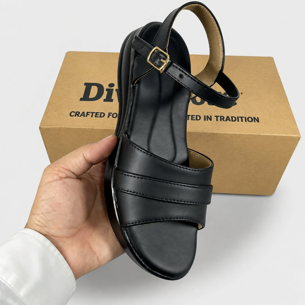 DIVA Exclusive, Ladies Hand made , Soft , Lightweight & Flat, Leather Sandals, Black Color