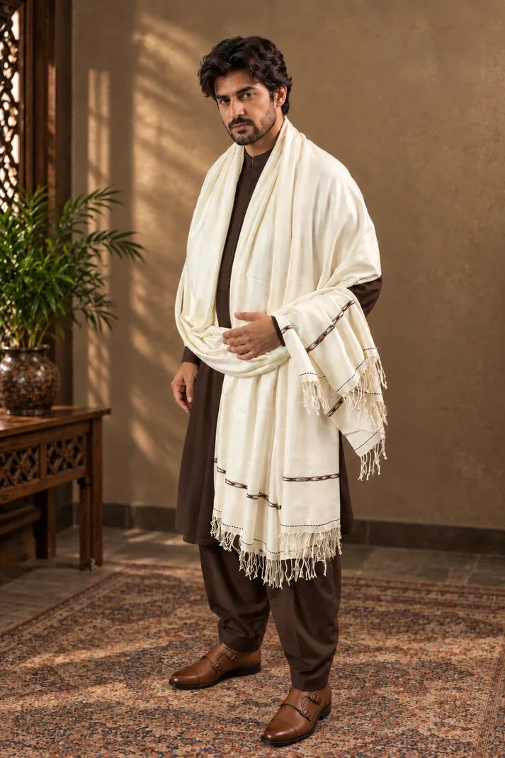 72 Count Premium Class (440 gram) Swati  Shawl Off-White,“A Touch of Tradition — Includes a Complimentary Pakool!”