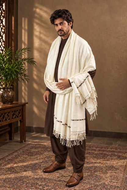 72 Count Premium Class (440 gram) Swati  Shawl Off-White,“A Touch of Tradition — Includes a Complimentary Pakool!”