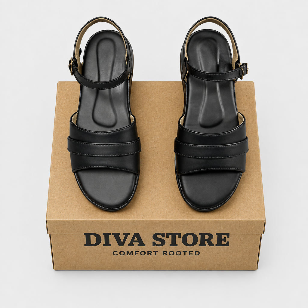 DIVA Exclusive, Ladies Hand made , Soft , Lightweight & Flat, Leather Sandals, Black Color