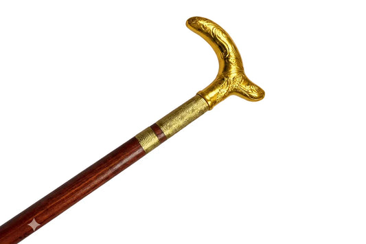Handmade Royal Brass & Wood Walking Cane – T Vintage Mehroon Stick & Golden Handle