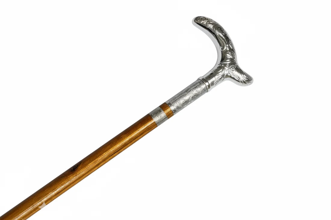 Handmade Royal Brass & Wood Walking Cane – T Vintage Brown Stick & silver Handle