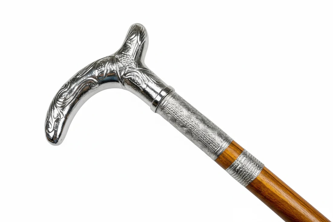Handmade Royal Brass & Wood Walking Cane – T Vintage Brown Stick & silver Handle